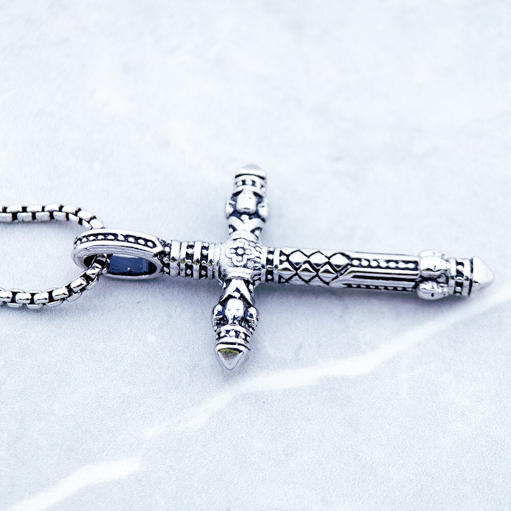 Cross Black Link Necklace,Brand New Chain Fashion Jewelry Europe Rhodium Plated Rebel Bijoux Gift For Men & Women