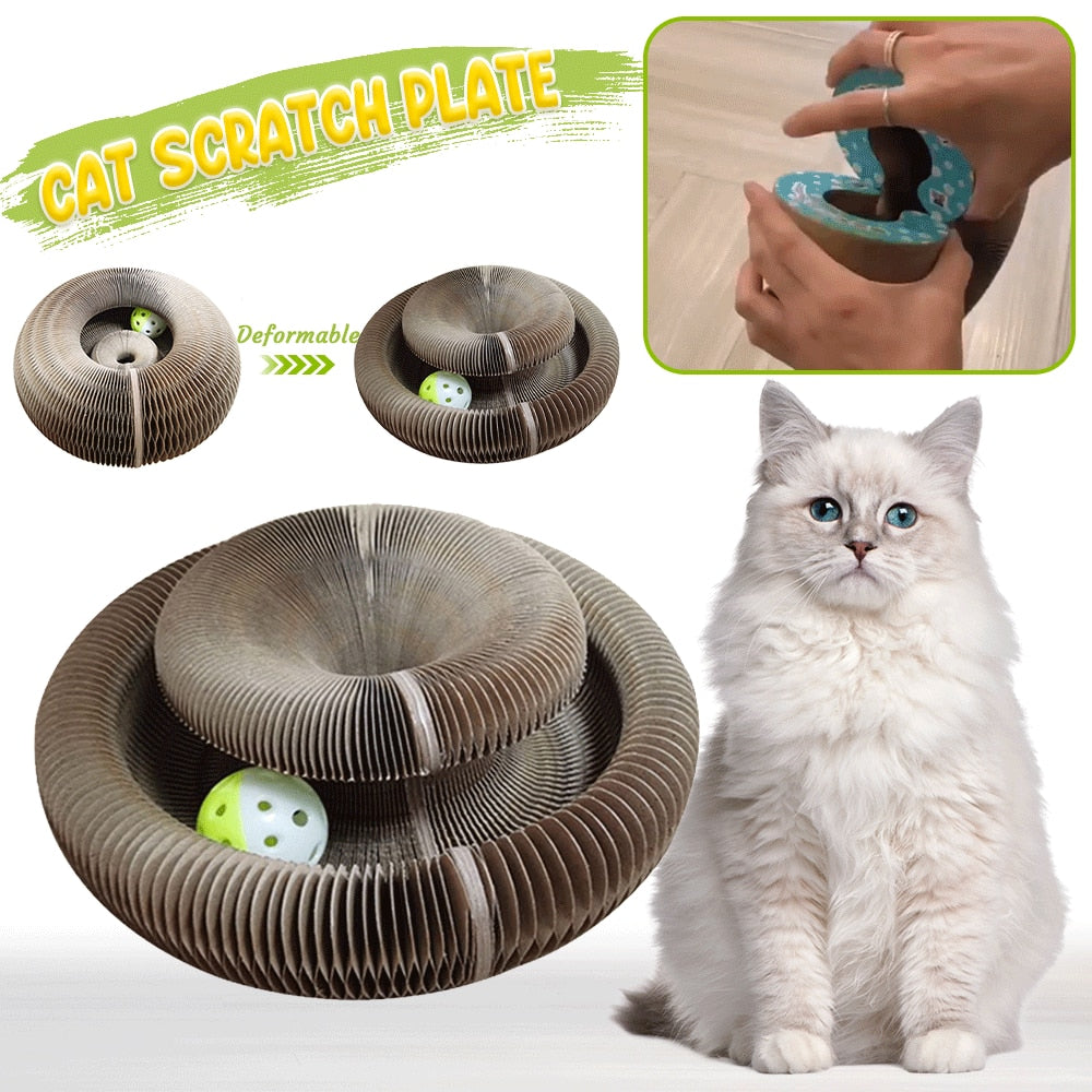Magic Accordion Cat Corrugated Scratching Board with Bell Round Magnetic Suction Deformable Cat Grinding Claw Decompression Toy - anconmall