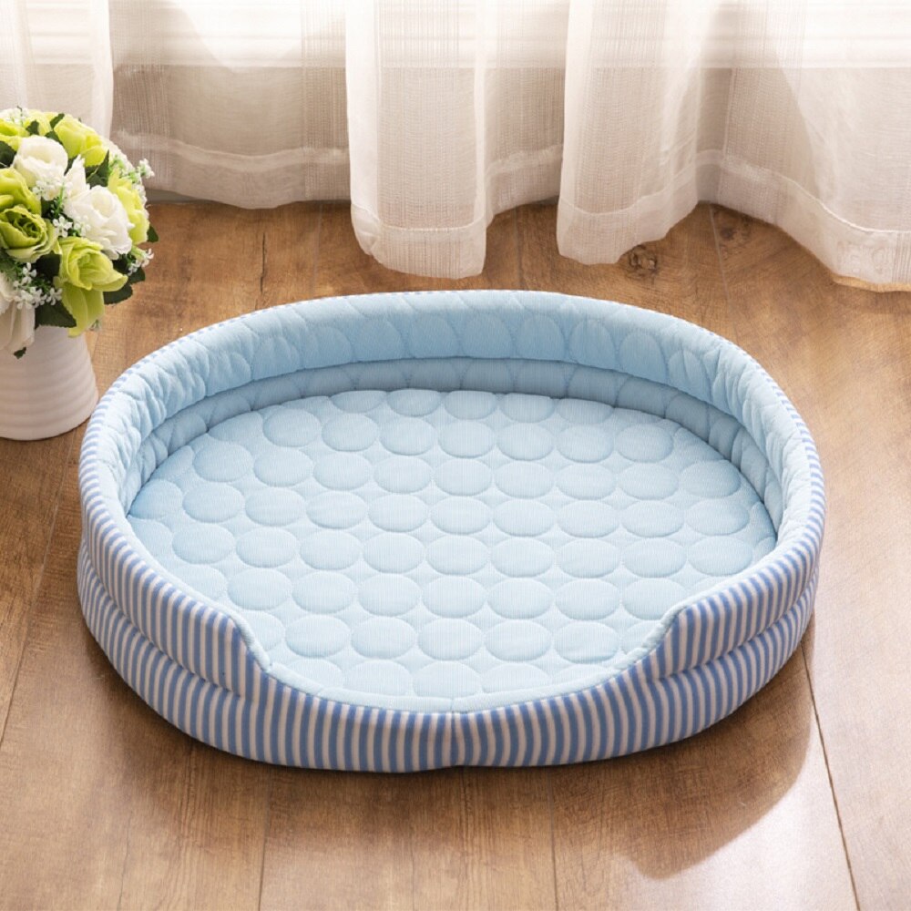 Reversible Pet Dogs Bed Mat Oval Striped Lounger Cushion 4 Seasons Washable Lightweight Summer Cooling Beds for Cats and Puppies