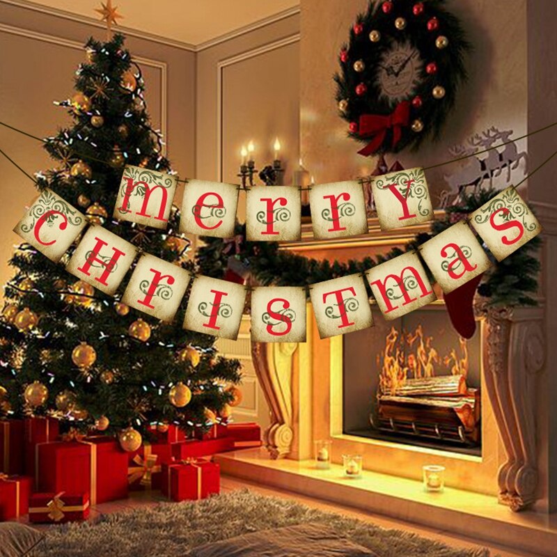 Merry Christmas Banner Garland Vintage Xmas Decorations for Home Indoor Navidad Natal Gift Fireplace Hanging Decor New Year 2023