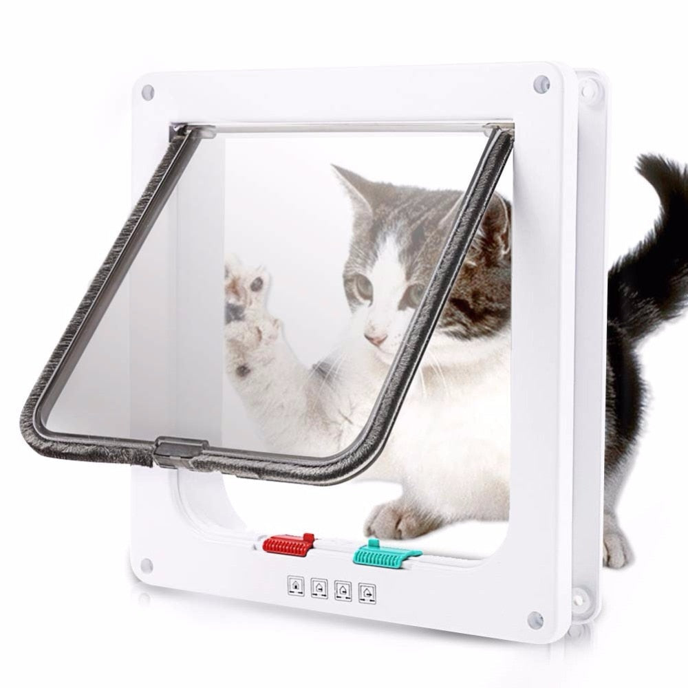Dog Cat Flap Door with 4 Way Security Lock Flap Door for Dog Cats Kitten ABS Plastic Small Pet Gate Door Kit Cat Dogs Flap Doors