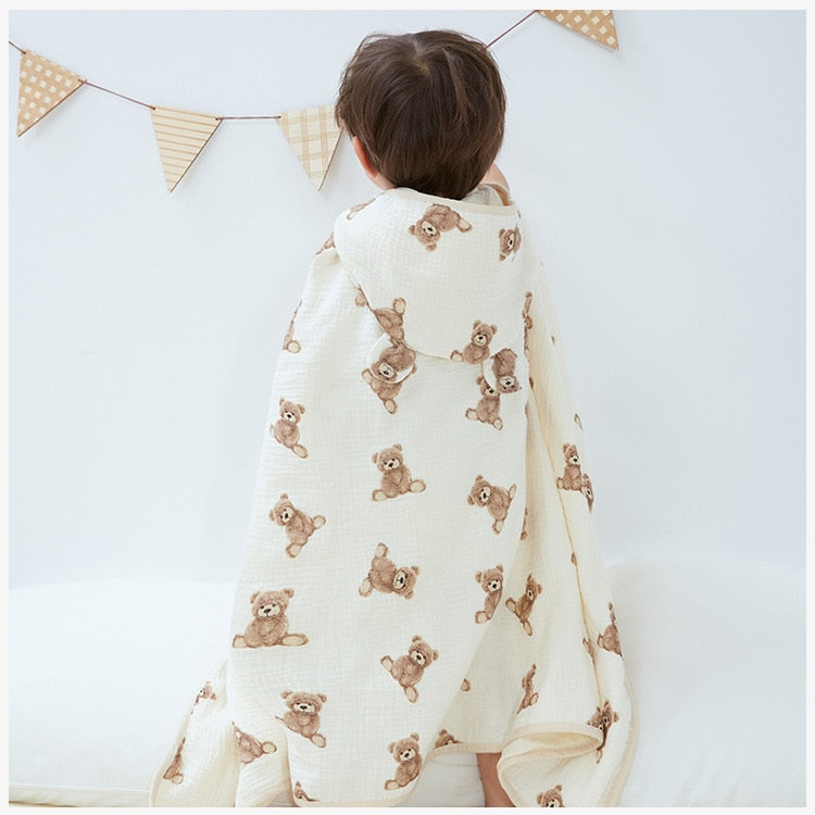 Bear Print Baby Bath Towels with Hooded Towel Muslin Baby Cotton Gauze Infant Towels Newborn Bathrobe 4 Layers Cosas Para Bebe