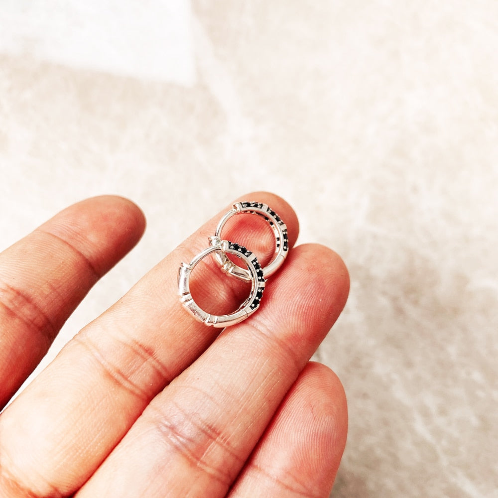 Bamboo Black Creole Hinged Hoop Earrings,Europe Glam Fine Jewerly For Women Men Gift In 925 Sterling Silver