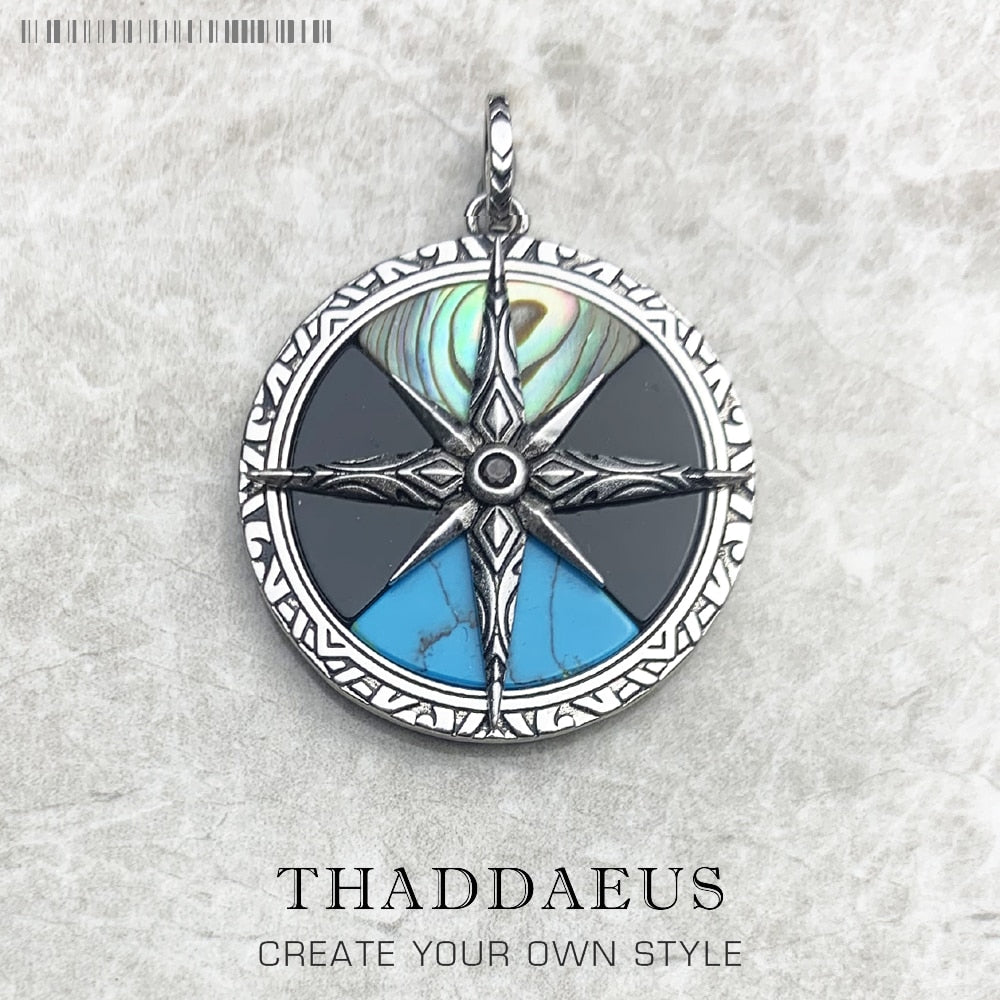 Pendant Compass Large Spring Personal Lucky Charm Turquoise Jewelry Europe Bijoux 925 Sterling Silver Gift For Woman Men