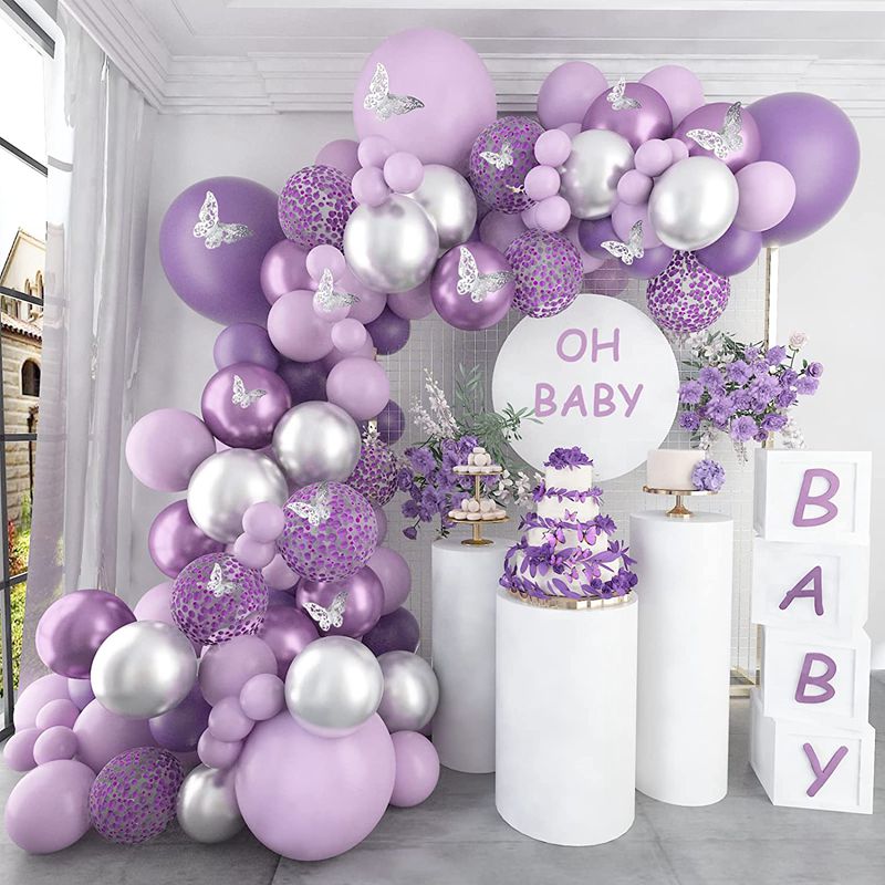 Purple Balloon Garland Arch Kit Metallic Purple Silver Balloons  Butterfly Stickers Confetti for Birthday Wedding Party Decor - anconmall