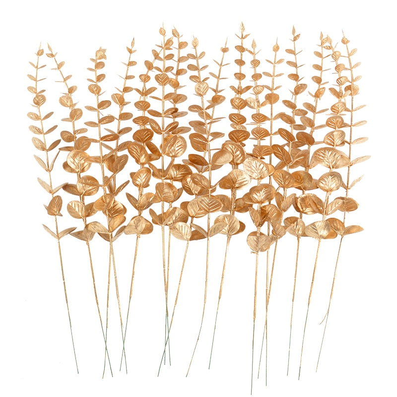 10Pcs Gold Eucalyptus Leaves Branch Artificial Plants Christmas New Year Decoration for Home Wedding Party Flower Arrangement