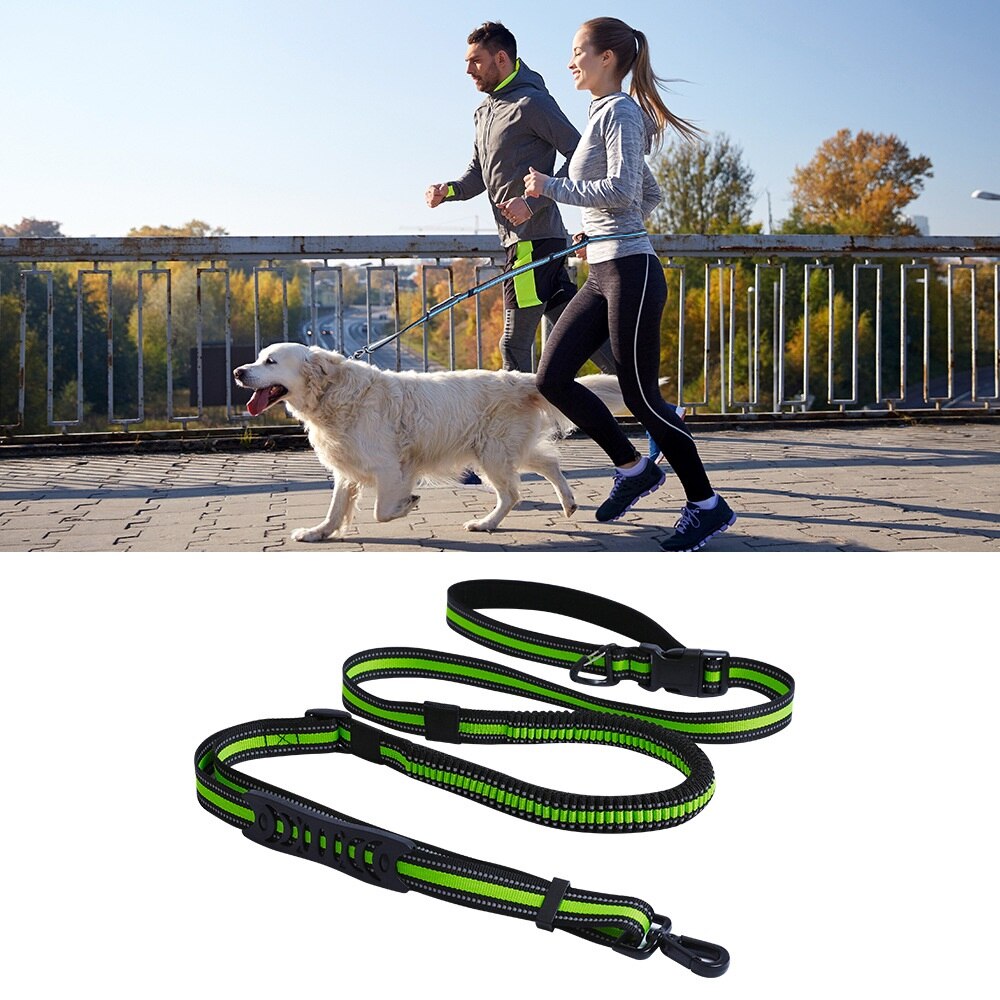 2m Hands-Free Bungee Nylon Dog Leash with Adjustable Waist Belt Reflective Stitching and Padded Handle for Pets Running Training