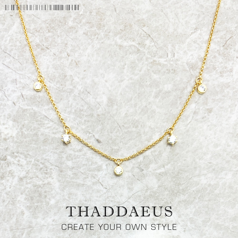 Gold Link Chain Necklace White Stones Fine Jewelry Europe 925 Stering Silver 2023 Brand New Trendy Gift For Women