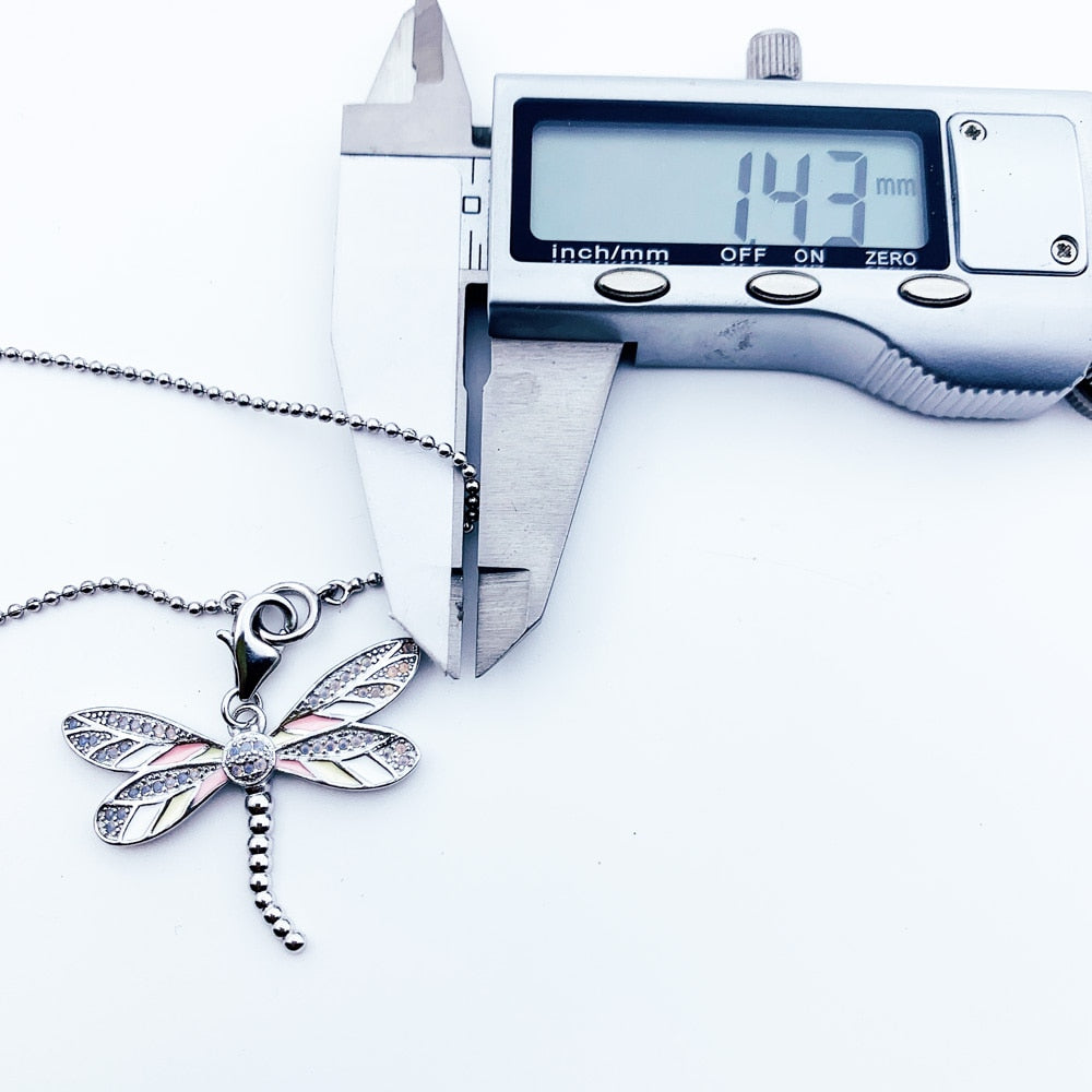 Charm Necklace Pink Dragonfly Winter Fashion Filigree New Jewelry Europe 925 Sterling Silver Gift For Women Girl