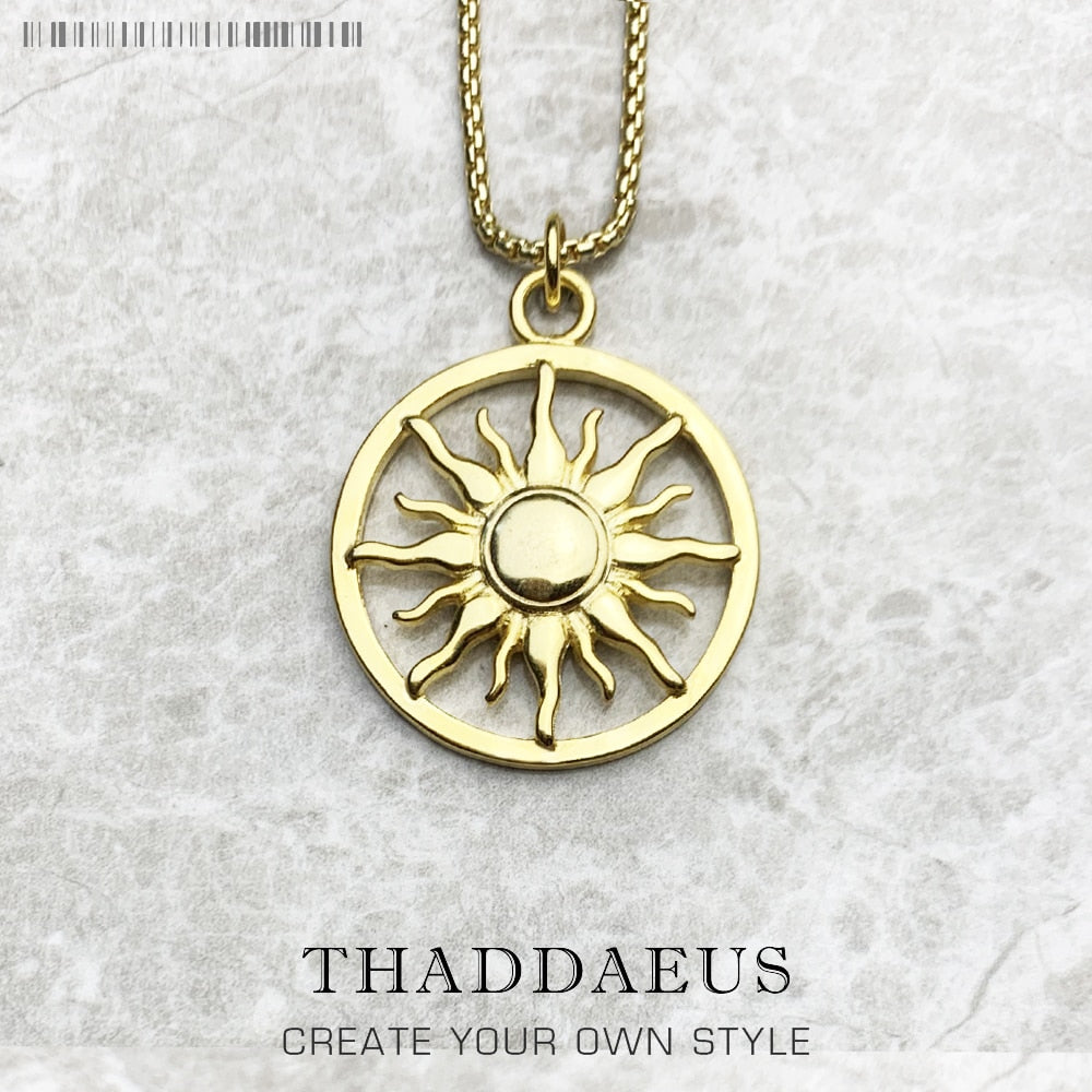 Pendant Necklace Gold Color Sun,Link Chain Fashion Ethnic Jewelry Europe Style 925 Stering Silver Bijoux Gift For Men Women