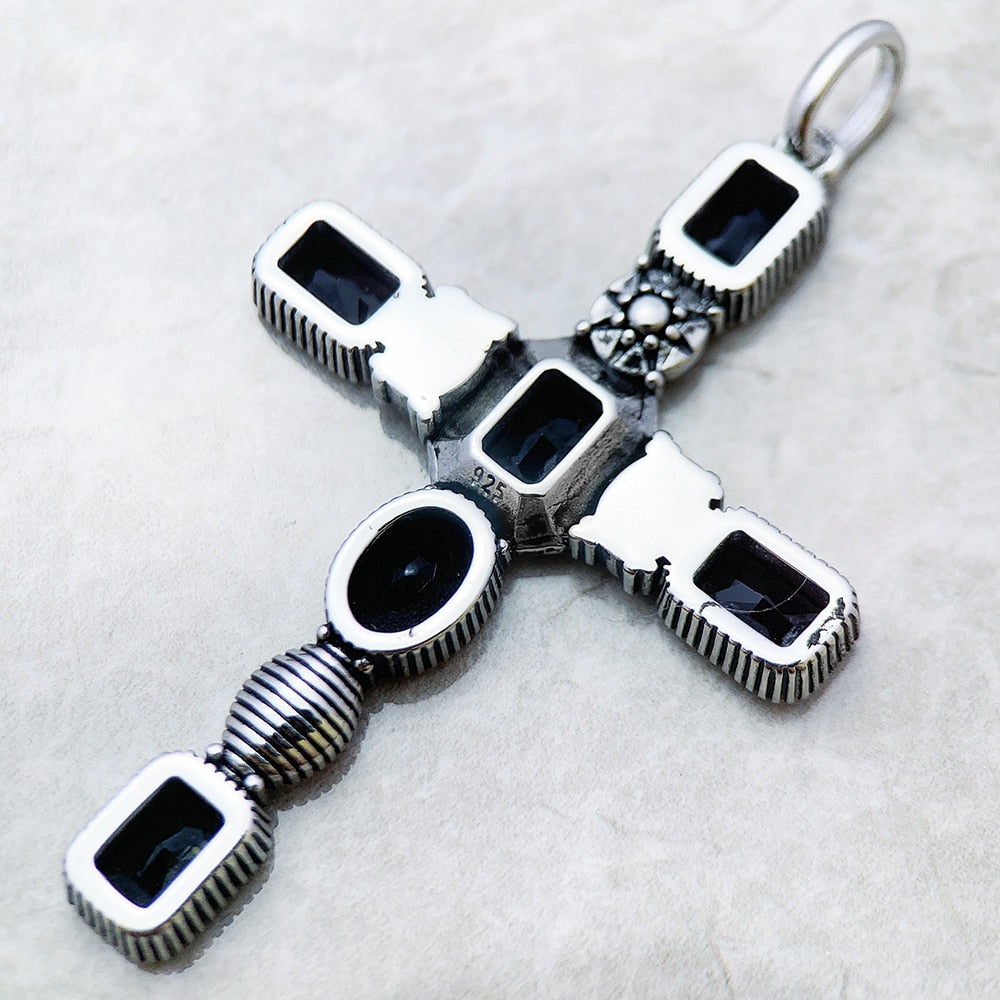 Cross Black Stone Pendant,Brand New 925 Sterling Silver Vintage Jewelry Accessories Graceful Faith Gift For Woman