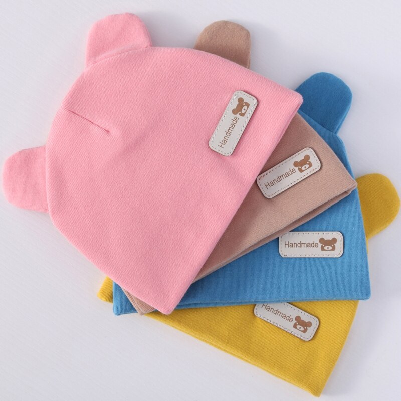 Newborn Baby Cute Bear Ears Beanie Letters Label Infant Toddler Solid Color Cotton Elastic Hospital Hat 0-6 Months
