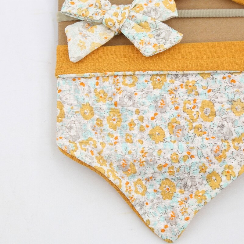 3Pcs/Set Cotton Baby Bib Bow Headband Adjustable Button Triangle Saliva Towel Print Infant Boy Girl
