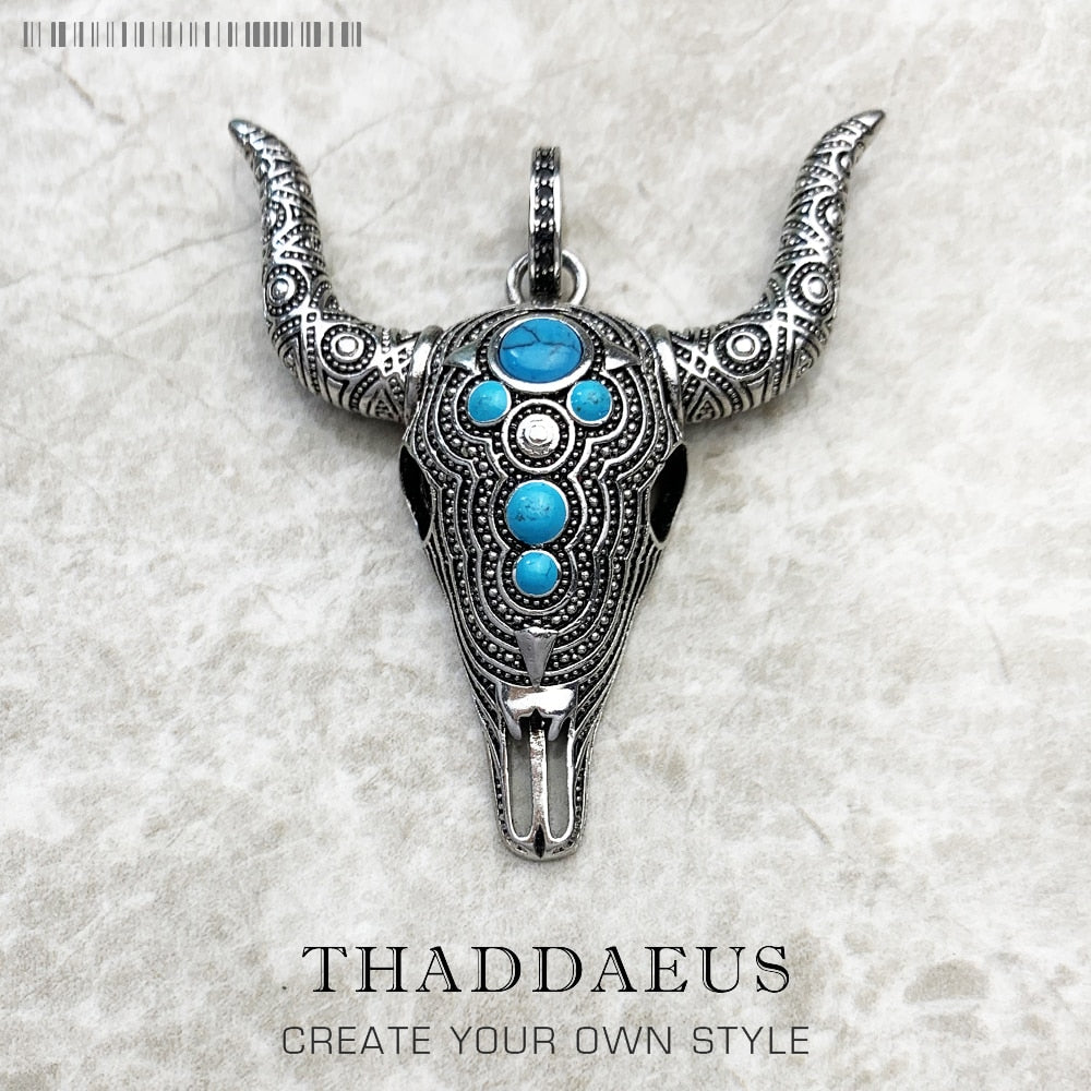 Pendant Blue Bull Head Skull Fashion Punk Ethnic Jewelry Europe 925 Sterling Silver Turquoise Rebel Gift For Woman & Men
