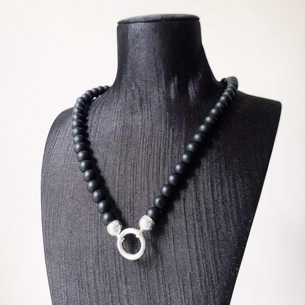 Strand Necklace Matt Obsidian Carrier New Real 925 Sterling Silver Jewelry Europe Style Vintage Gift For Women Men