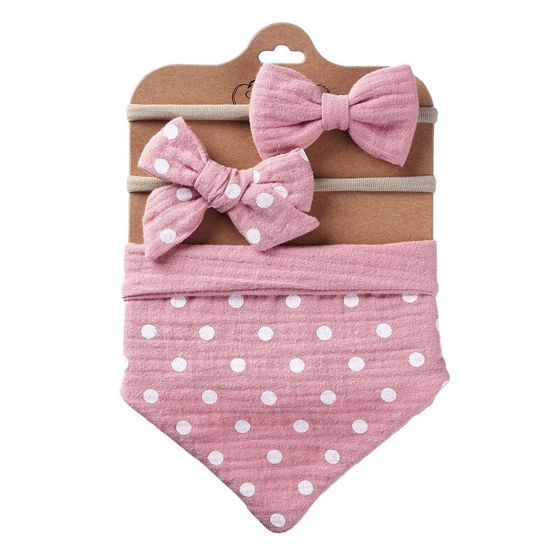 3Pcs/Set Cotton Baby Bib Bow Headband Adjustable Button Triangle Saliva Towel Print Infant Boy Girl