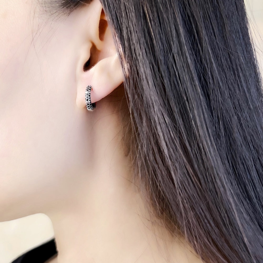 Bamboo Black Creole Hinged Hoop Earrings,Europe Glam Fine Jewerly For Women Men Gift In 925 Sterling Silver