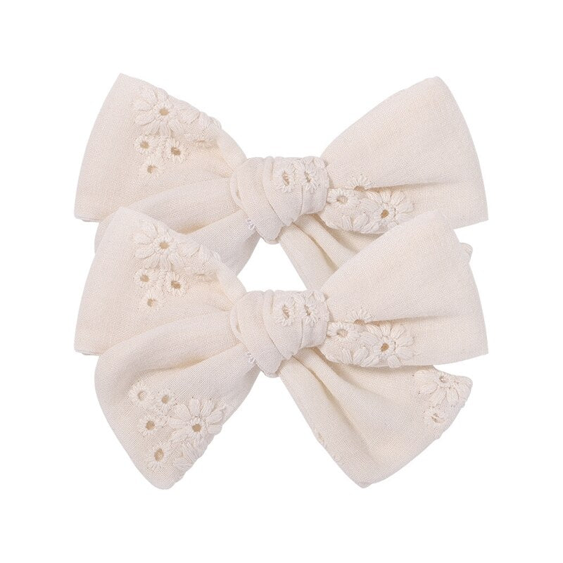 2Pcs/Set Sweet Floral Embroidery Solid Color Bowknot Hair Clips for Kids Baby Girls Alligator Hairpins Headwear Toddlers Hair
