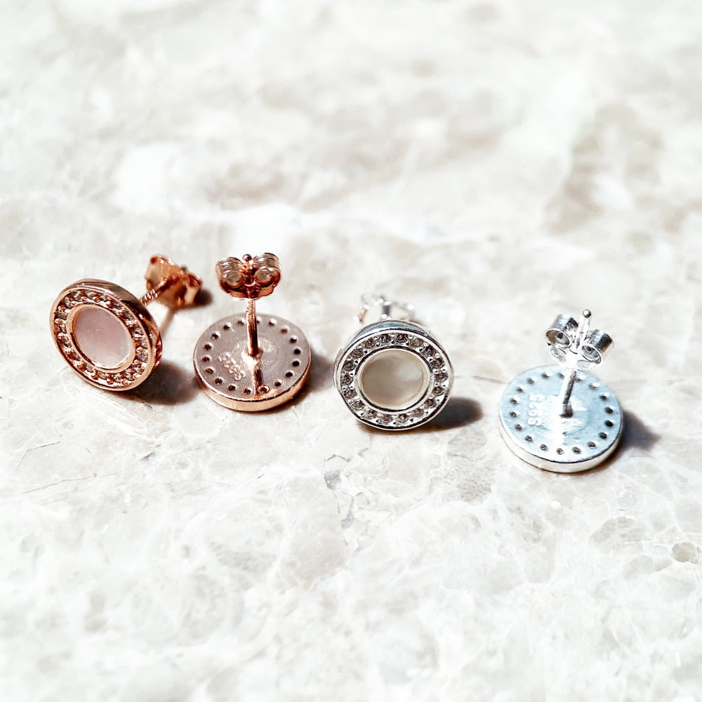 Round Shell Studs Earrings Romantic Pure 925 Sterling Silver Jewerly Gift For Women