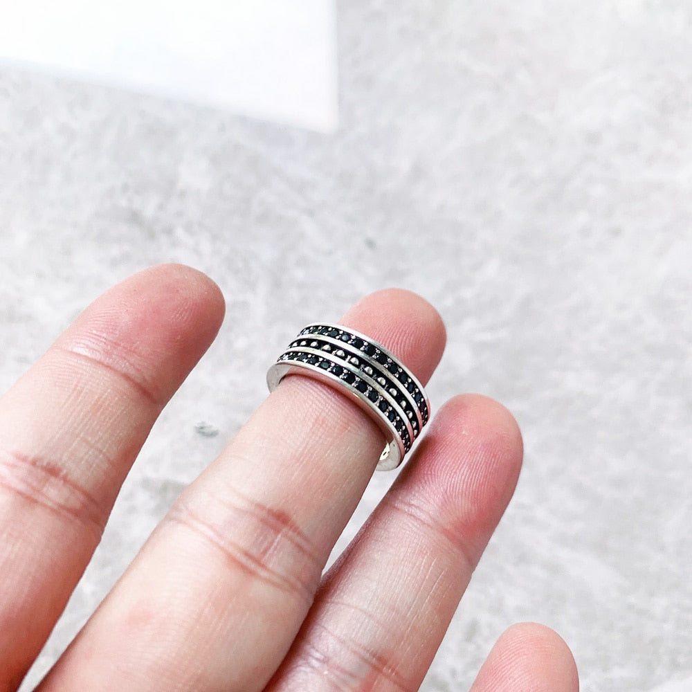 Band Ring Black CZ Pave Europe Style Vintage Jewelry Fine Jewerly For Women Men Gift In 925 Sterling Silver