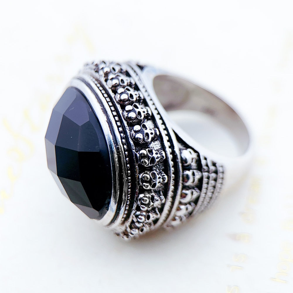 Cocktail Ring Black Oval CZ Skull Skeleton,Europe Style Fashion Jewelry Gift In 925 Sterling Silver For Men &amp; Women