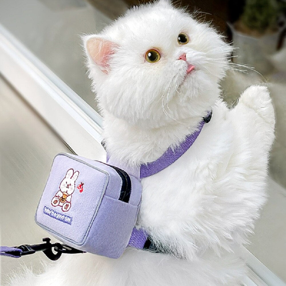 Small Dogs and Cats Vest Type Mini Self Carrier Backpack Cute Cartoon Pattern Outdoor Adjustable Harness with 1.5m Traction Rope - anconmall