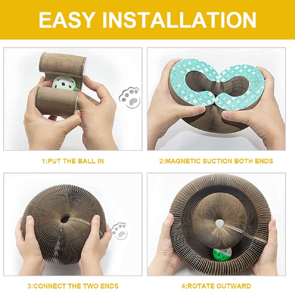 Magic Accordion Cat Corrugated Scratching Board with Bell Round Magnetic Suction Deformable Cat Grinding Claw Decompression Toy - anconmall