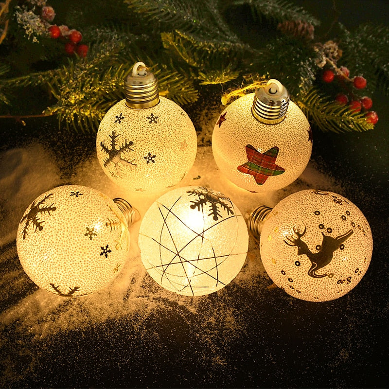 2023 LED Christmas Ball Lights Snowflake Elk Pattern Xmas Tree Hanging Pendant Ornaments Christmas Decorations for Home New Year