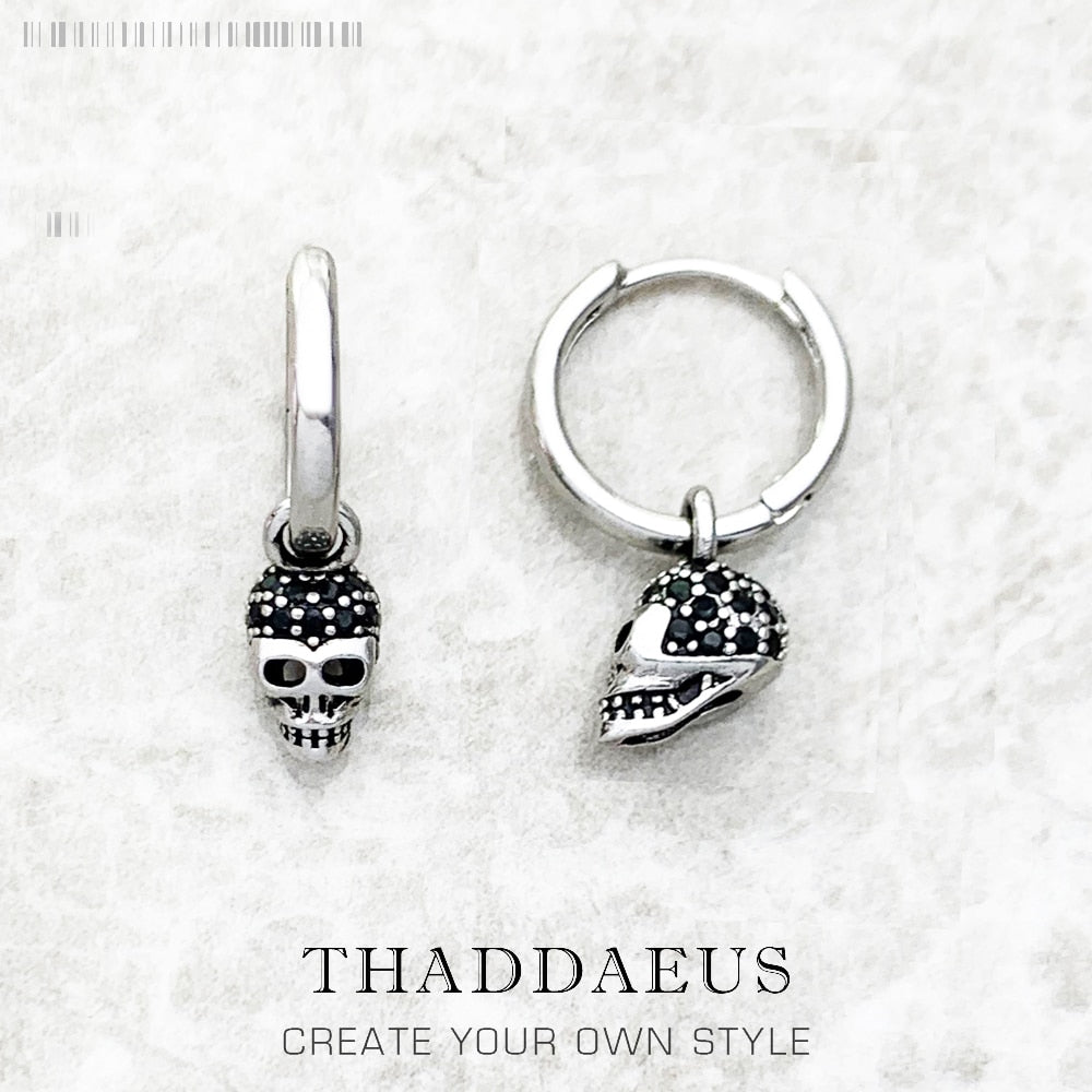 Black CZ Pave Skull Creole Hinged Hoop Earrings,Europe Fine Jewelry For Women Men Gift In 925 Sterling Silver