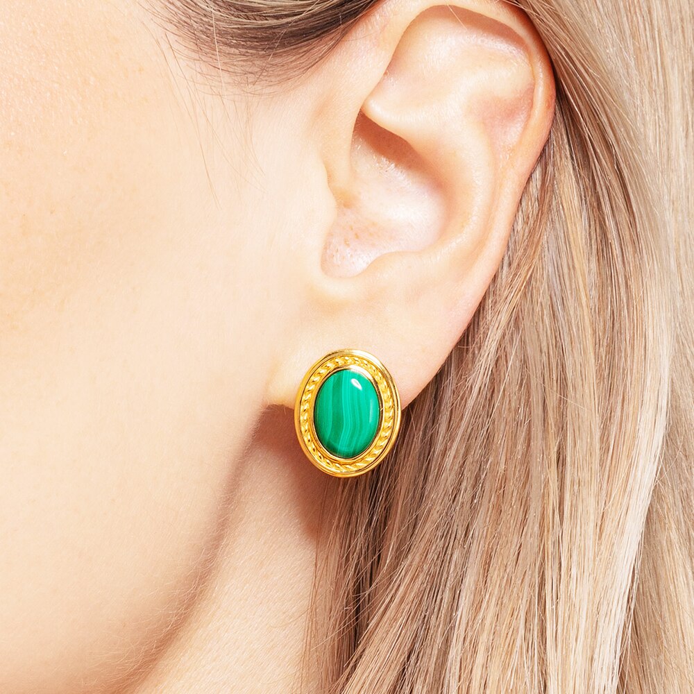 Green Oval Stone Golden Studs Earrings,Europe Style Fine Jewerly For Women Brand New Vintage Gift In 925 Sterling Silver