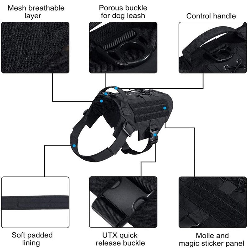 Tactical Dog Vest Harness Military Dogs Harness Working Dog Molle Vest with Metal Buckles Outdoor Training for Medium Large Dogs
