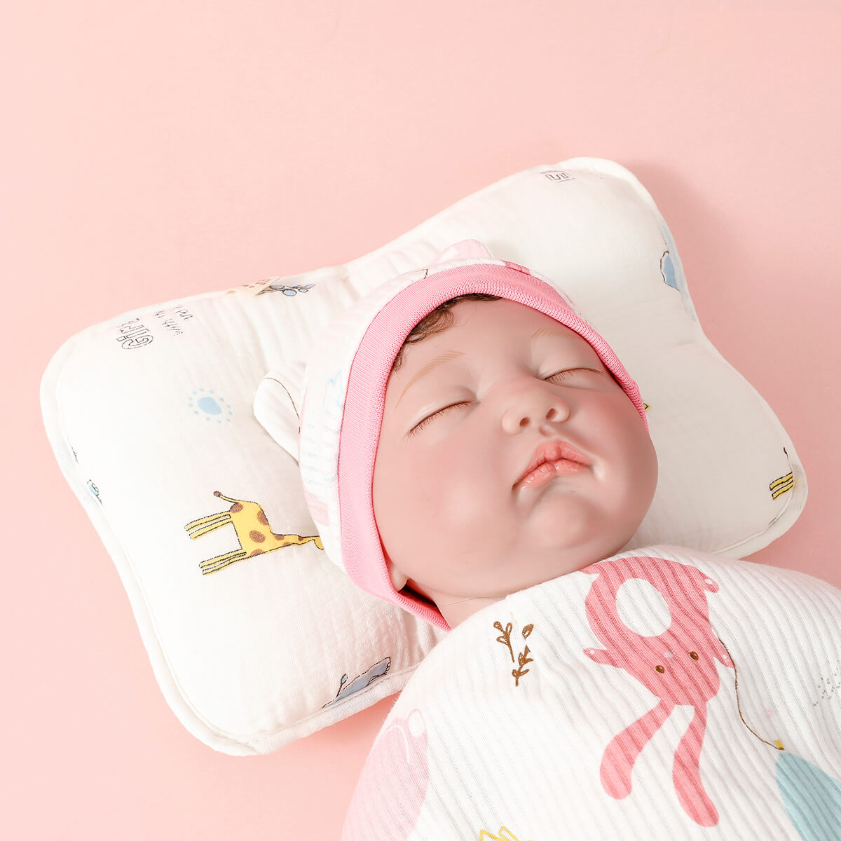 hibobi Baby Nursing Pillow Cartoon Print Shape Cotton Anti Roll Sleep Support Pillow Concave Design Prevent Flat Infant Newborn