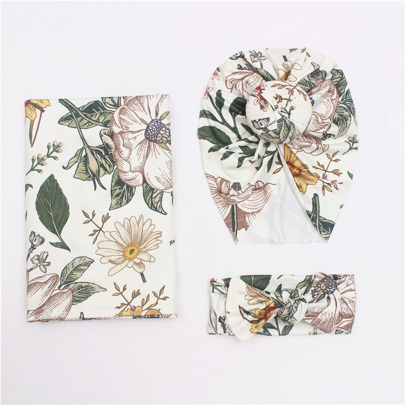 hibobi Floral Knitted Pure Cotton Swaddle Wrapper &amp; Newborn Hat With Hairband Set Baby Blankets Newborn