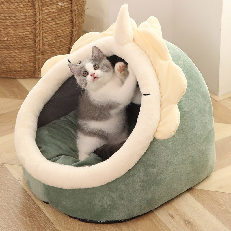 Crystal Velvet Hooded Cat’s House with Removable and Washable Cushion Winter Cat Basket Warm Cozy Sleeping Cave Pet Bed for Cats - anconmall