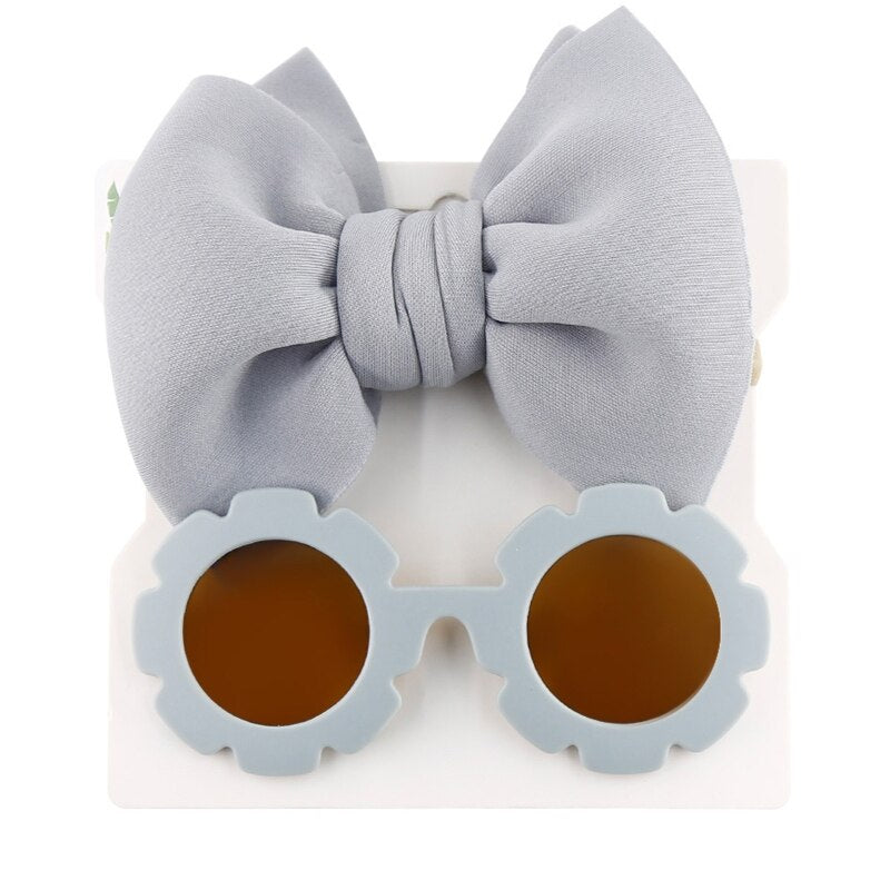 1Set Children Baby Girls Sunglasses Hair Band Set Solid Color Cartoon Glasses Knot Bow Headband Photo Props Gifts