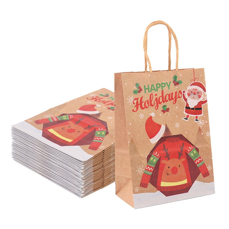 5PCS Merry Christmas Paper Gift Bags Santa Claus Xmas Tree Candy Biscuit Packaging Bag Christmas New Year Party Kids Gift Favors
