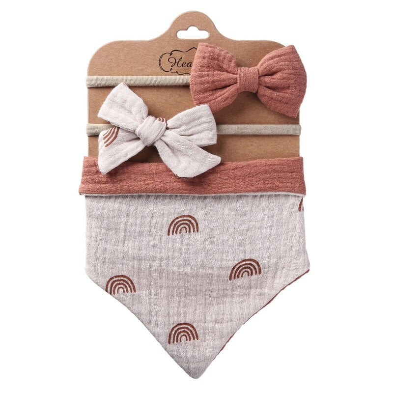 3Pcs/Set Cotton Baby Bib Bow Headband Adjustable Button Triangle Saliva Towel Print Infant Boy Girl