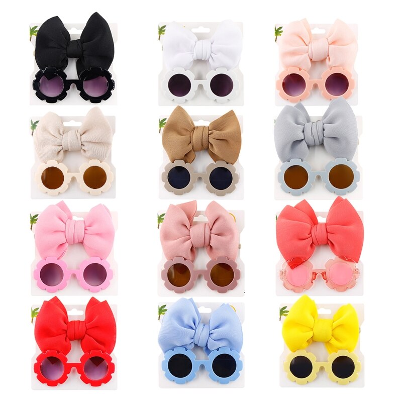 1Set Children Baby Girls Sunglasses Hair Band Set Solid Color Cartoon Glasses Knot Bow Headband Photo Props Gifts