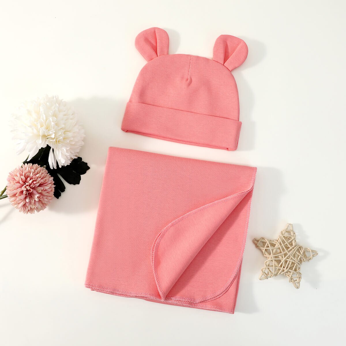 hibobi Newborn Solid Color Wrapped Blanket With Bear Ear Hat 2pcs