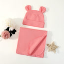hibobi Newborn Solid Color Wrapped Blanket With Bear Ear Hat 2pcs