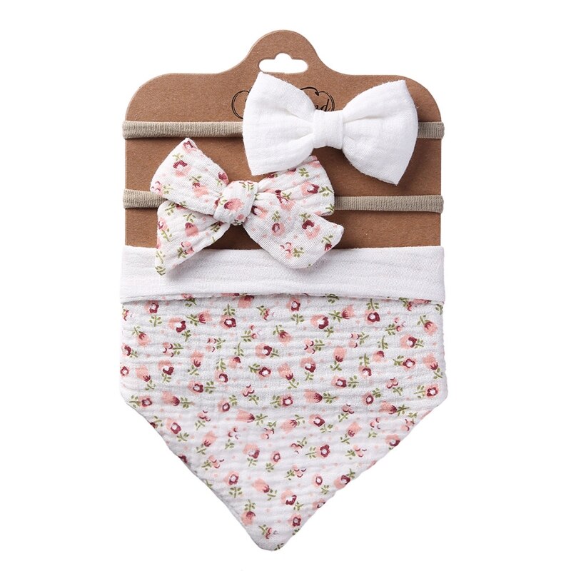 3Pcs/Set Cotton Baby Bib Bow Headband Adjustable Button Triangle Saliva Towel Print Infant Boy Girl