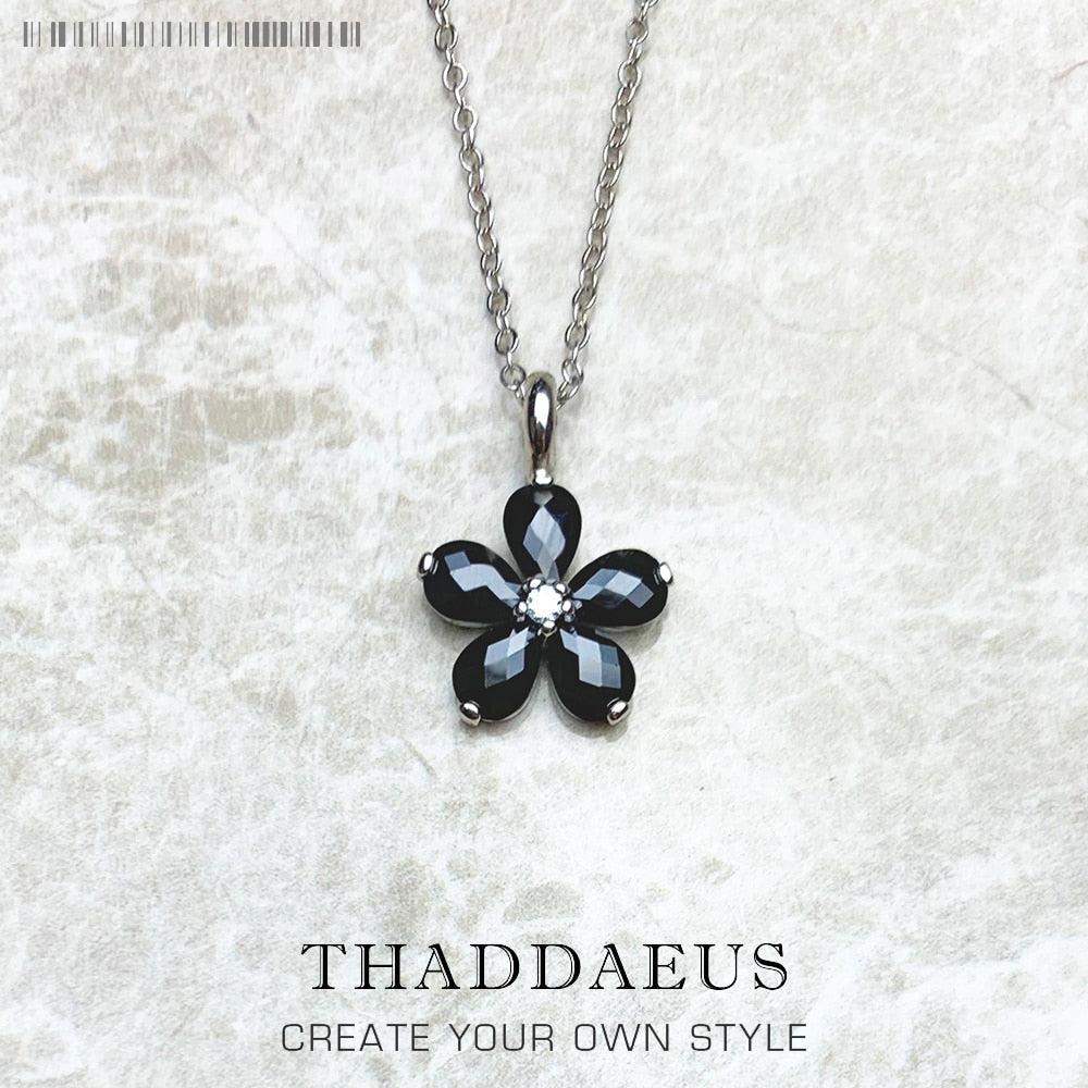 Necklace Black Petals Flower Summer Brand New Romantic Fine Jewelry Europe 925 Sterling Silver Gift For Women
