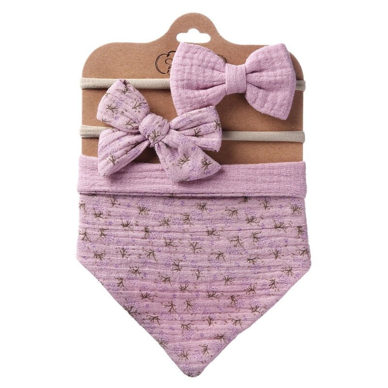 3Pcs/Set Cotton Baby Bib Bow Headband Adjustable Button Triangle Saliva Towel Print Infant Boy Girl