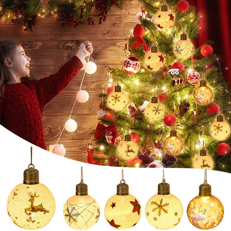 2023 LED Christmas Ball Lights Snowflake Elk Pattern Xmas Tree Hanging Pendant Ornaments Christmas Decorations for Home New Year