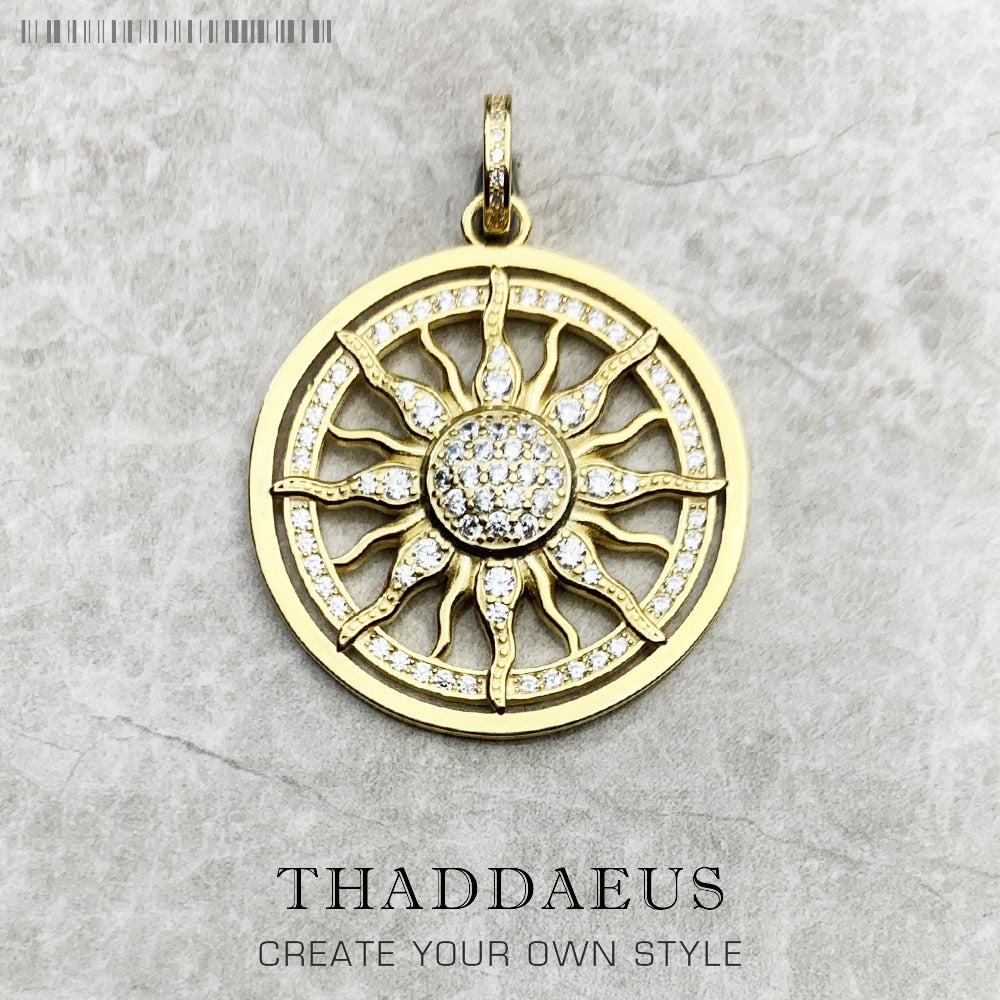 Pendant Gold Color Amulet Sun,Fashion Glam 925 Sterling Silver Jewelry Europe Accessories Gift For Men Woman