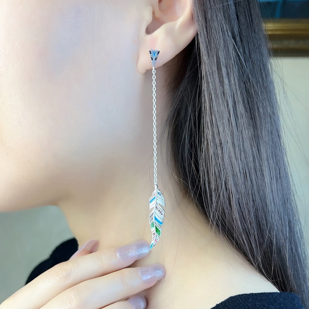 Drop Earrings Feather Fine Jewelry For Women,Autumn Brand New Colourful 925 Sterling Silver Gift