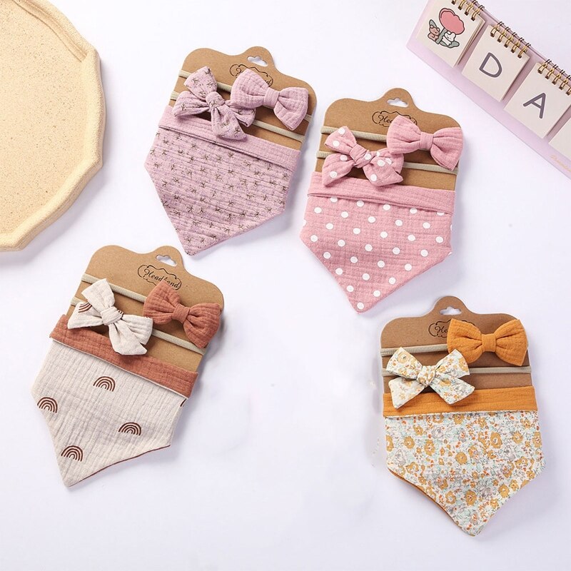 3Pcs/Set Cotton Baby Bib Bow Headband Adjustable Button Triangle Saliva Towel Print Infant Boy Girl