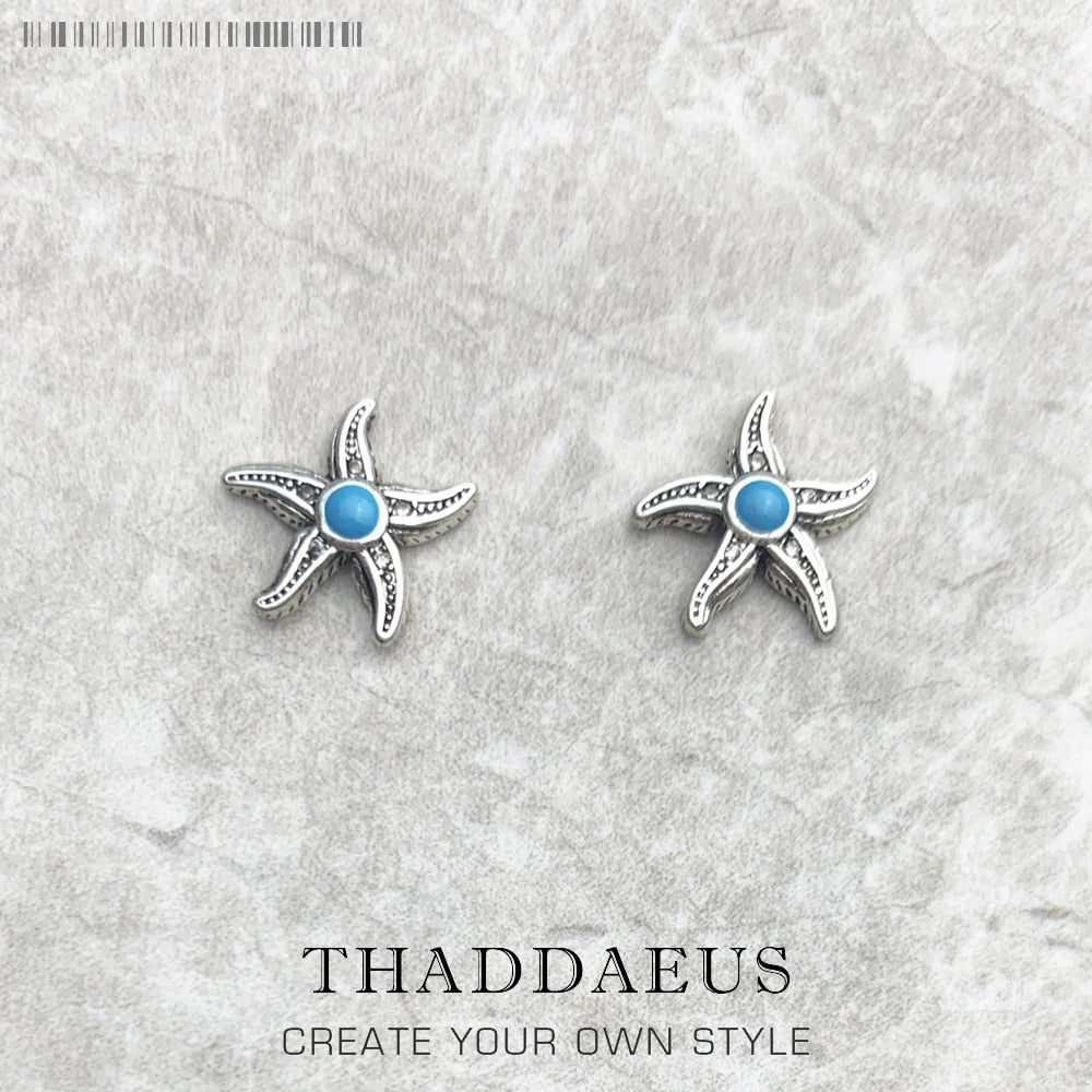 Blue Starfish Stud Earrings,Europe Style Fine Jewerly For Women Trendy Gift In 925 Sterling Silver