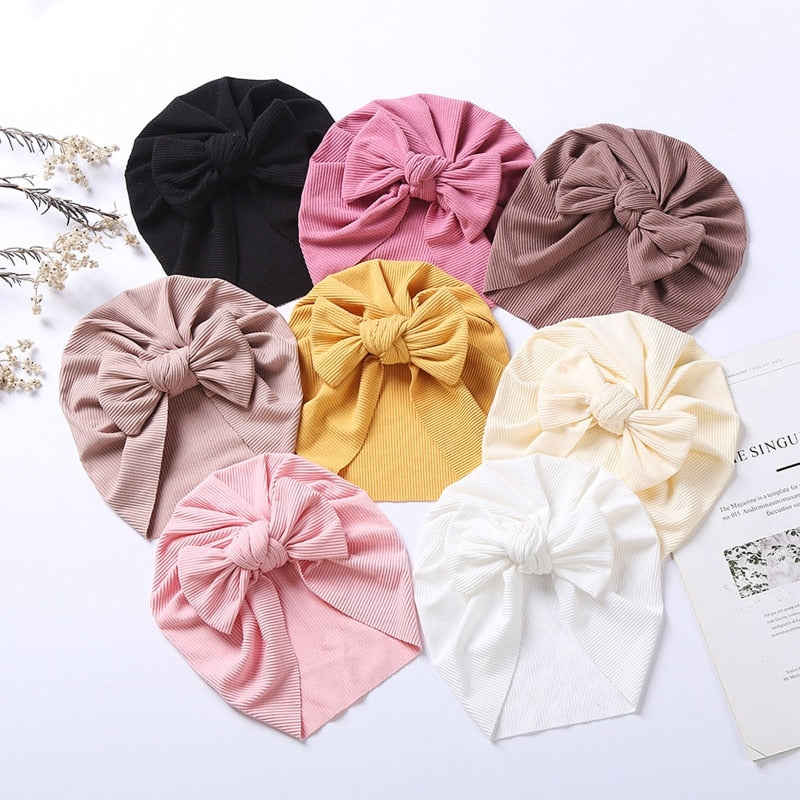 1Pc Baby Girl Turban Bow Hats Breathable Hat Headdress w/ Pure Color Comfort Beanie Skin Friendly Hand Wash Newborn Head
