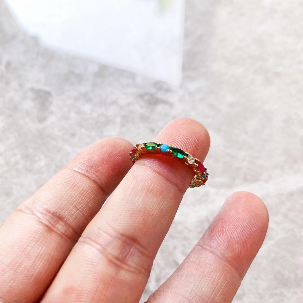 Gold Color Colorful Stones Ring Europe Style Glam Fine Jewerly For Women Gift In 925 Sterling Silver